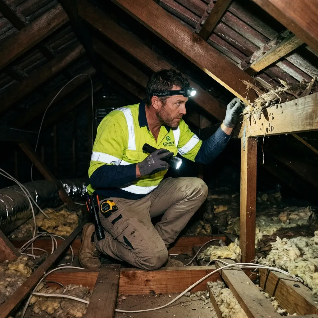 Technician inspecting a Bedford Road subfloor void for a deceased cat