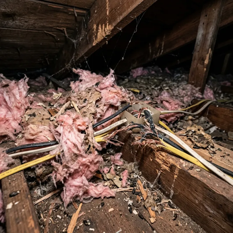 Contaminated ceiling insulation being assessed in a Bedford Road roof space