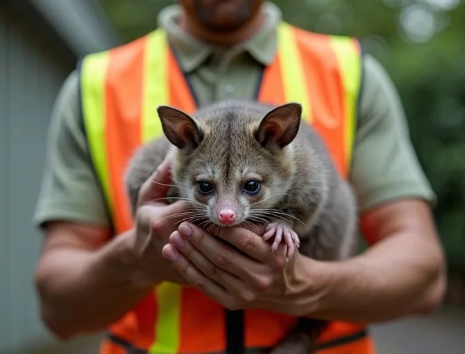 Animal handler safely recovering a deceased possum in Bedford Road