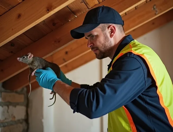Technician inspecting a roof cavity for a dead rat in Bedford Road